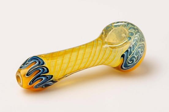 Yellow & Teal Swirl Glass Spoon Pipe – 4”